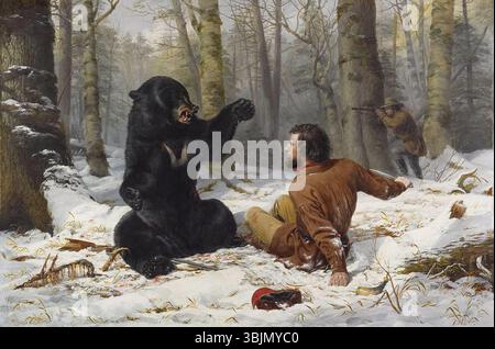 "A Tight Fix" di Arthur Fitzwilliam Tait (1856) raffigura una scena drammatica di caccia all'orso all'inizio dell'inverno. L'olio su tela cattura la lotta tra il cacciatore e l'orso, sottolineando la tensione e le dure condizioni della natura selvaggia durante la stagione. Foto Stock
