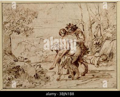 Il *Satyr und Nymphe* di Nicolas Poussin (Satyr e Ninfa) del 1626-1627 circa illustra una scena mitologica con un satiro, una ninfa e una capra, resa con lo stile classico e la padronanza della forma umana di Poussin. Foto Stock