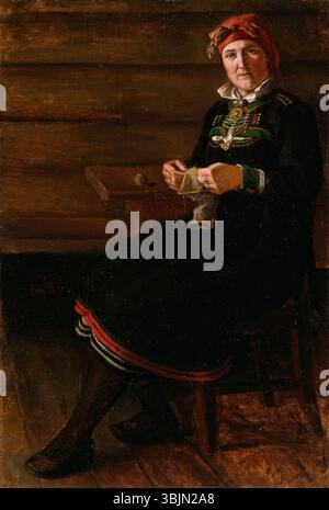 Il dipinto di August Schneider "Sittende kvinne i Setesdals-bunad" raffigura una donna seduta che indossa il tradizionale costume popolare Setesdal. Le opere d'arte mettono in risalto il ricco patrimonio culturale della Norvegia attraverso i dettagli dei tessuti. Foto Stock