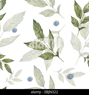 Motivo ad acquerello senza cuciture con ramoscello con foglie verdi e mirtilli. Motivo botanico su sfondo bianco. Foto Stock