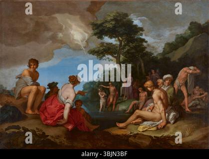 Il *Battesimo di Cristo* di Abraham Bloemaert (1646) è un dipinto ad olio classico che raffigura il momento biblico del battesimo di Cristo da parte di Giovanni Battista. La scena cattura il momento sacro della tradizione cristiana, ambientato in uno scenario naturale sereno. Foto Stock