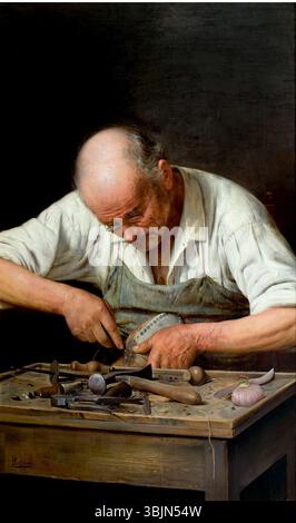 *Il ciabattino (II versione)* di Pasquale Celommi mostra un calzolaio al lavoro. Questo dipinto ad olio cattura l'abilità e la concentrazione dell'artigiano in un ambiente domestico, sottolineando la natura tranquilla e contemplativa dell'artigianato nella vita quotidiana. Foto Stock