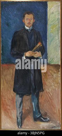 "Autoritratto con pennelli" (1904) di Edvard Munch è una rappresentazione intima dell'artista che tiene in mano i suoi strumenti di pittura. L'autoritratto a olio su tela sottolinea l'approccio introspettivo di Munch all'arte e il suo legame con il suo lavoro. Foto Stock