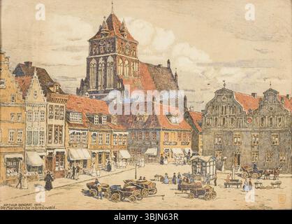 La stampa del 1909 di Arthur Bendrat *Die Marienkirche a Greifswald* mostra la Marienkirche (Chiesa di Santa Maria) a Greifswald, Germania. La litografia è parzialmente colorata e firmata, riflettendo la bellezza architettonica della chiesa. Il pezzo fornisce una vista storica di questo importante punto di riferimento nella Germania settentrionale. Foto Stock