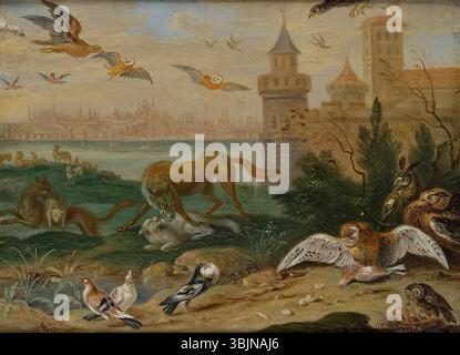 Il libro di Ferdinand van Kessel "vedute dai quattro continenti con scene di animali: Costantinopoli" combina raffigurazioni di animali esotici con una vista panoramica della città, resa in olio. Foto Stock