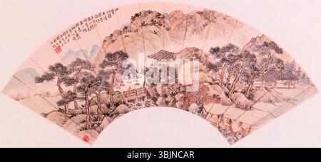 Il "piccolo ponte su un ruscello" di Fang Shishu (1692-1751) raffigura un tranquillo paesaggio cinese. Questo dipinto a inchiostro cattura il flusso di un torrente sotto un piccolo ponte, tipico delle tradizioni paesaggistiche cinesi classiche. Foto Stock