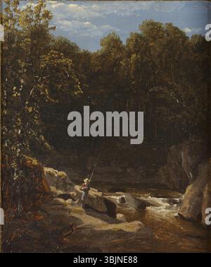 Sanford Robinson Gifford (1823-1880) dipinse "Fishing in a Mountain Stream", mostrando un tranquillo paesaggio rurale. L'olio su tela cattura l'atmosfera tranquilla di un torrente di montagna con i pescatori, riflettendo la tecnica di Gifford nel rendere luce e acqua. Foto Stock