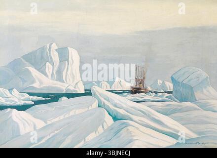 Il dipinto di Emanuel A. Petersen raffigura il piroscafo "Gertrud Rask" tra gli iceberg e il ghiaccio artico, che rappresenta il viaggio di Petersen in Groenlandia. La vaporiera, attiva tra il 1923 e il 1940, si vede navigare nell'ambiente polare più ostico. Foto Stock