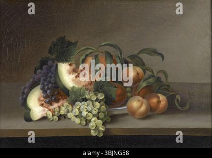 La *natura morta con anguria* di Rubens Peale (1865), dipinta ad olio su tela, presenta una vibrante rappresentazione di un anguria accanto ad altri frutti. Questo lavoro esemplifica l'abilità di Peale nel rendere texture e dettagli, mostrando la maestria dell'artista nelle composizioni di natura morta. Foto Stock