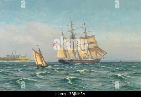 Il dipinto del 1932 di Vilhelm Arnesen "la barca Thorvaldsen al largo del castello di Kronborg" mostra la nave Thorvaldsen vicino al famoso castello di Kronborg in Danimarca. La nave, di proprietà del Royal Greenland Trade Department, fu venduta ai proprietari finlandesi nel 1928. Foto Stock