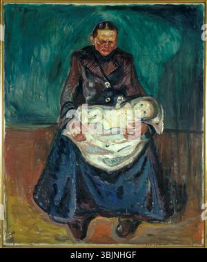 Donna con bambino malato. Eredità' di Edvard Munch, dipinto tra il 1905 e il 1906, raffigura una madre con il suo bambino malato. L'olio su tela trasmette temi di sofferenza, perdita e cura materna con la tavolozza di colori cupi e la profondità emotiva di Munch. Foto Stock