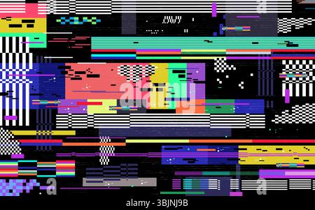 Banner di distorsione tv o sfondo del segnale assente vettoriale. Errore di trasmissione retrospettiva o di trasmissione analogica vintage del canale. Rumore striato dell'antenna. Schermata di prova della comunicazione broadcast. Supporto Illustrazione Vettoriale