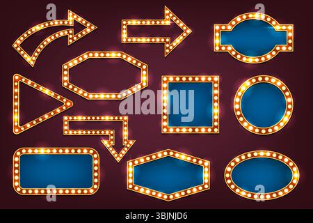 Set di segni e frecce retrò. Scatola luminosa vettoriale e segnaletica di direzione. Lightbox vintage per film o cinema, club o casinò. Striscione con lampadina o cartello per il palco. Pubblicità vuota o vuota Illustrazione Vettoriale