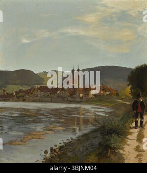 Questo dipinto ad olio del 1870 di Hans Thoma cattura la serena bellezza del fiume Reno a Säckingen nella Foresta Nera. Il dipinto mette in mostra la vegetazione lussureggiante e l'acqua fluente caratteristica della regione. Foto Stock