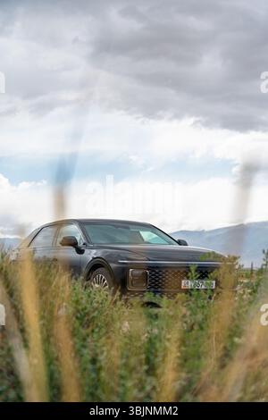 Balykchy, Kirghizistan - 12 maggio 2024: Vista frontale di una grandiosità Hyundai nera 2023 (GN7) vista attraverso l'erba alta con montagne sullo sfondo Foto Stock