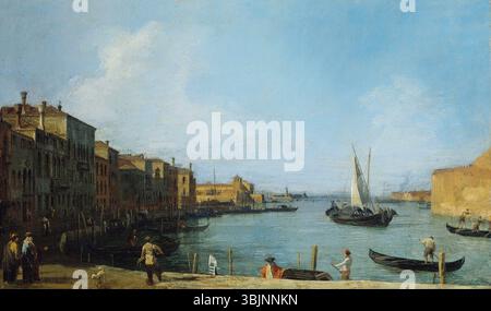 Il dipinto di Canaletto "il Canale di Santa chiara guardando a nord verso la laguna" (1730 circa) cattura la bellezza paesaggistica dei canali di Venezia, con una vista verso la laguna. L'olio su tela testimonia l'abilità di Canaletto nella pittura architettonica e paesaggistica. Foto Stock