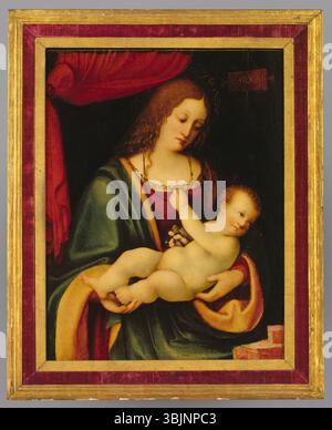 La "Vergine col bambino" di Bernardino Fasolo (1520 circa) è un dipinto ad olio raffigurante la Madonna e il bambino. L'opera riflette lo stile rinascimentale, con delicati dettagli nelle figure e un'attenzione al tenero rapporto tra madre e figlio. Foto Stock