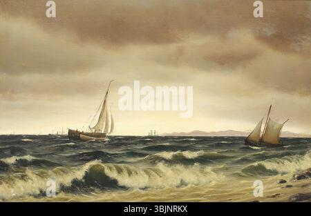 "Al largo della costa a Kronborg" di Johan Neumann raffigura una scena marina al largo della costa del castello di Kronborg, in Danimarca, catturando la vista del castello dal mare, dipinto tra il 1878 e il 1940. Foto Stock