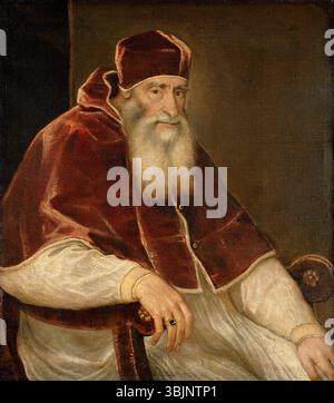 Attribuito a Tiziano, questo ritratto di Papa Paolo III Farnese (dopo il 1546) cattura il pontefice in un grandioso dipinto a olio su tela, che riflette lo stile rinascimentale. Foto Stock