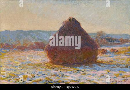 Il dipinto di Monet del 1891 "Grainstack in the Sunlight, Snow Effect" cattura un fieno ricoperto di neve inondato dalla luce del sole. L'olio su tela enfatizza gli effetti di luce caratteristici di Monet e l'uso del colore, in particolare nelle scene invernali. Foto Stock