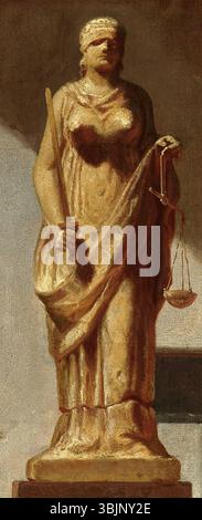 Il dipinto di Carl Spitzweg del 1857 "Das Auge des Gesetzes" (l'occhio della legge) ritrae Lady Justice con scaglie rotte e una piega alla cieca disordinata. Le crepe della scultura simboleggiano una distorsione della giustizia, raffigurando una riflessione simbolica e cupa sull'integrità giuridica. Foto Stock