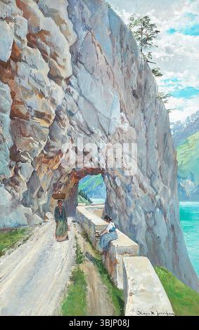Il "paesaggio italiano con due donne che riposano" di Holger Hvidtfeldt Jerichau (1879-1900) raffigura due donne che si riposano in una campagna italiana. Il dipinto ad olio combina figure umane con la bellezza del paesaggio naturale, mostrando l'attenzione di Jerichau sulle serene scene rurali. Foto Stock