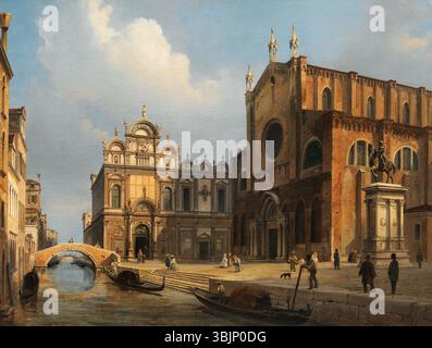 Luigi Querena (1824-1887) dipinse "campo Santi Giovanni e Paolo" a Venezia nel 1860. L'olio su tela raffigura la famosa piazza, con la Chiesa dello Zanipolo e la Scuola grande di San Marco. Questa opera firmata e datata misura 56,5 x 75,5 cm e mette in risalto la bellezza architettonica e la storia di Venezia. Foto Stock