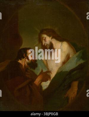 "Cristo e il dubbio Tommaso" di Franz Anton Maulbertsch (1755-1757) raffigura la scena biblica di Tommaso che dubita della risurrezione di Cristo. L'olio sul pannello cattura l'intensità emotiva e l'illuminazione spettacolare del momento. Foto Stock