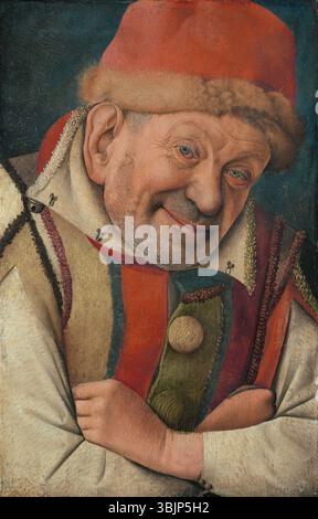Il "Ritratto del giudice di corte Gonella" di Jean Fouquet (1447) è un dipinto dettagliato ad olio su tavola. Presenta al giullare Gonella un'attenzione particolare al suo volto espressivo e alla vivace rappresentazione del suo ruolo a corte. Foto Stock