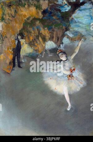 Edgar Degas' Pastel 'Ballet (l'Étoile)' (1876-1877) raffigura Rosita Mauri, una famosa ballerina, come la ballerina protagonista sul palco. Il lavoro esemplifica la padronanza del movimento di Degas e la sua attenzione al balletto, catturando l'eleganza e la grazia del ballerino. Foto Stock