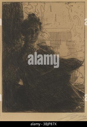 Questo ritratto di Anders Zorn del 1900 raffigura la signora Emma Zorn, la moglie dell'artista. Il lavoro la cattura seduto in una posa rilassata e dignitosa, la sua espressione serena e graziosa. L'uso di luce e ombra di Zorn mette in risalto le texture dei suoi abiti e la morbidezza delle sue caratteristiche, esemplificando la sua abilità nel ritrarre momenti intimi e personali. Foto Stock