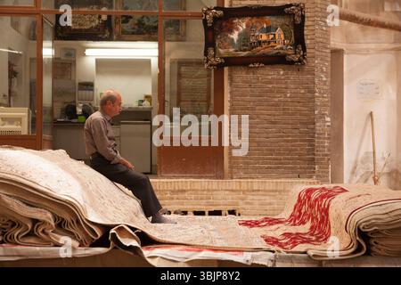 Scene interne dello storico bazar coperto a Tabriz, Iran, che mostrano la vita quotidiana, il commercio tradizionale e l'antica architettura persiana. Foto Stock