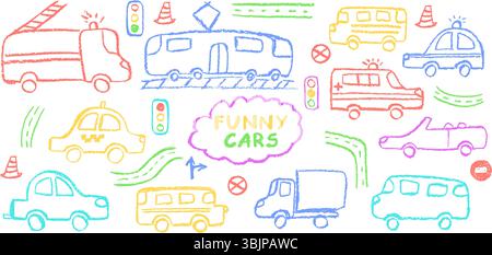 Macchine divertenti. Disegno vettoriale colorato di veicoli tra cui tram, taxi, auto della polizia, ambulanza, camion dei vigili del fuoco, e convertibile. Cera pastello e carbone Illustrazione Vettoriale