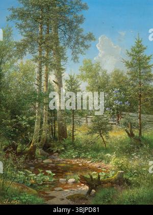 Eduard Leonhardi (1828-1905) dipinse *am Bächlein in der Maienzeit* nel 1895, raffigurando una tranquilla scena rurale da un ruscello in primavera. L'opera cattura la tranquillità della natura durante la stagione di maggio con luce soffusa e naturale e delicata pennellata, mettendo in mostra la maestria di Leonhardi nella pittura del paesaggio. Foto Stock