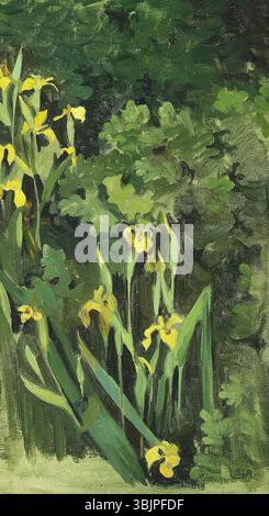 "Yellow Iris" di Agnes Slott-Møller (tra il 1880 e il 1937) è un dipinto ad olio su tela. L'opera si concentra sulla delicata e vibrante rappresentazione di Iris gialli, che mostrano la bellezza della natura in piena fioritura. Foto Stock