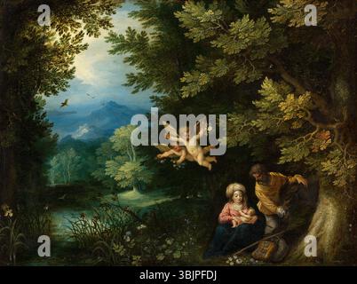 "Rest on the Flight in Egypt" di Jan Brueghel il Vecchio e Hans Rottenhammer (circa 1595) ritrae la Sacra famiglia riposante durante la loro fuga in Egitto. Olio su rame. Foto Stock