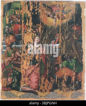 Questo dipinto del 1589 ad olio su tavola di Ercole Ramazzani, intitolato "Martirio di santa Caterina d'Alessandria", raffigura il martirio di Santa Caterina d'Alessandria con intensità drammatica. Foto Stock