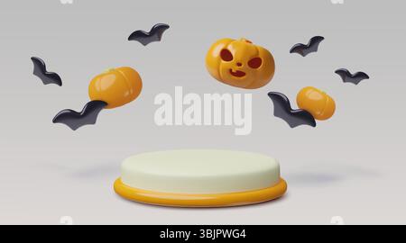 Podio Halloween 3D con zucche e pipistrelli volanti. Sfondo minimo tridimensionale del prodotto. Illustrazione Vettoriale