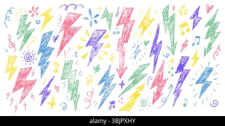 Gli schizzi pastello raffigurano fulmini vibranti e simboli come stelle e note musicali. Perfetto per progetti di design creativi. Illu vettoriale disegnato a mano Illustrazione Vettoriale