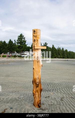 Palo di legno sulla spiaggia di Rathtrevor a Parksville, British Columbia, Canada Foto Stock