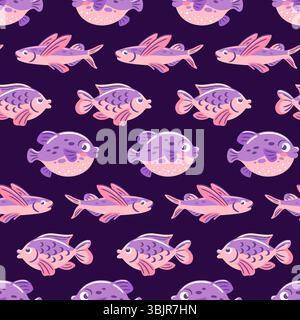 Motivo subacqueo senza cuciture con pesci palla e pesci volanti in colori vivaci, perfetto per tessuti, carte da parati e design a tema acquatico. Illustrazione Vettoriale