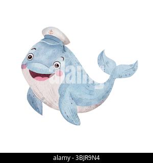 Illustrazione ad acquerello di balena sorridente con cappello da marinaio su sfondo bianco. Perfetto per design di vivai, prodotti per bambini, disegni nautici e illustrazioni fiabesche Foto Stock