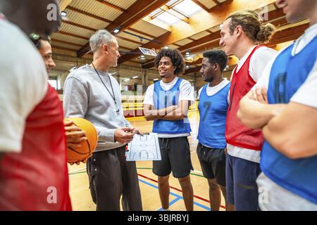 Allenatore di pallacanestro con palla e appunti che spiega la strategia di gioco ai diversi giocatori della squadra in palestra Foto Stock