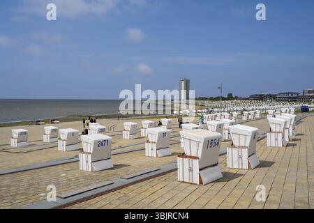 Sedie a sdraio sulla costa lastricata, passeggiata, Buesum, Mare del Nord, Schleswig-Holstein, Germania, Europa Foto Stock