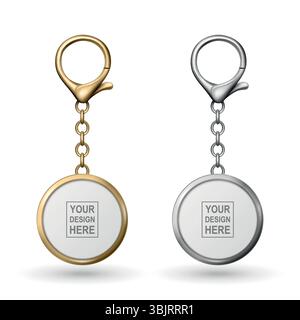 Set portachiavi realistico 3d vettoriale. Chiave rotonda in oro e argento con catena per il branding. Icona portachiavi, design portachiavi in metallo, etichetta chiave vuota, portachiavi Illustrazione Vettoriale