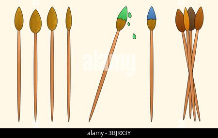 Set di cartoni animati di pennelli in legno con setole naturali, con punte pulite e colorate su sfondo chiaro. Per la cartoleria di ritorno a scuola Illustrazione Vettoriale