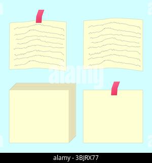 Set di fogli di carta scolastica con pila vuota, nota con nastro e pagina scritta a mano su sfondo blu. Per il concetto di cancelleria di ritorno a scuola, educa Illustrazione Vettoriale