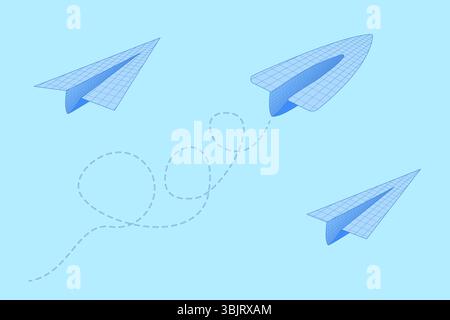 Serie di illustrazioni vettoriali di cartoni animati piane realizzate con carta da quaderno a griglia che vola su sfondo blu. Per il tema del ritorno a scuola, istruzione V Illustrazione Vettoriale