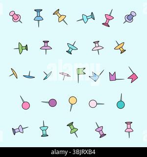 Cartoon illustrazione scuola o ufficio cancelleria con set di spille colorate e punti mappa in varie forme su sfondo blu. Per il supp di ritorno a scuola Illustrazione Vettoriale