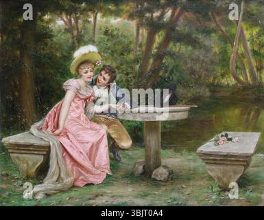 Tra la fine del XIX secolo e l'inizio del XX secolo dipinge una coppia vestita alla moda che flirta in un giardino. Dipinto "gli amanti" Tryst" di Frédéric Soulacroix (1858–1933) Foto Stock